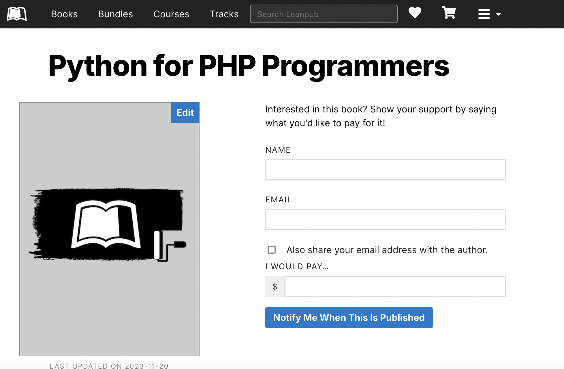 An empty leanpub landing page